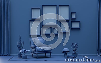 Modern interior flat dark blue color room with furnitures and plants, gallery wall template with 9 frames on the wall for poster Stock Photo