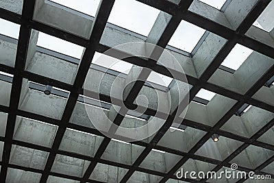 Modern interior, grid ceiling, cloudy sky Stock Photo