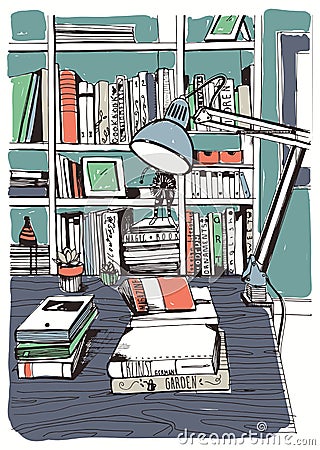 Modern interior home library, bookshelves, hand drawn colorful sketch illustration. Vector Illustration