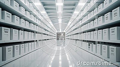 Modern interior archive room with archive boxes shelf folders documents data. File folder on sideboard Stock Photo