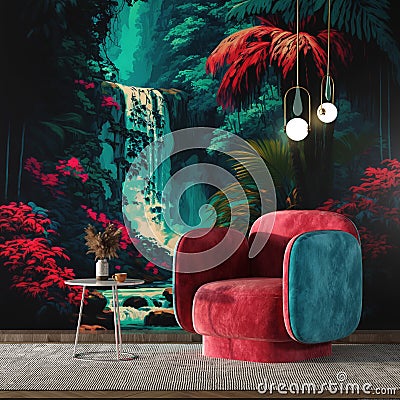 Modern Interior Living Room Background, Jungle Trees And Palms Amidst Waterfall Painting Style With Red Armchair Stock Photo