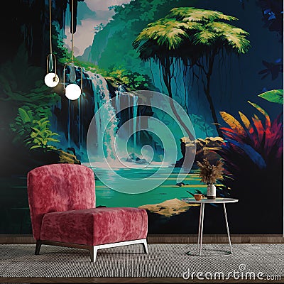 Modern Interior Living Room Background Jungle Trees And Palms Amidst Waterfall Painting Style With Red Armchair And Table Stock Photo