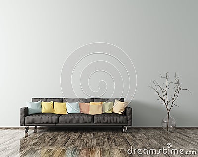 Modern interior of living room with black sofa 3d render Stock Photo