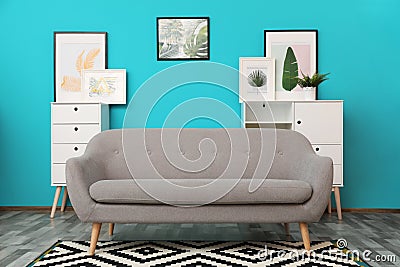 Modern interior of living room with comfortable gray sofa Stock Photo