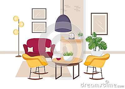 Modern interior of living room with comfy furniture and trendy home decorations - sofa, armchairs, carpet, coffee table Vector Illustration