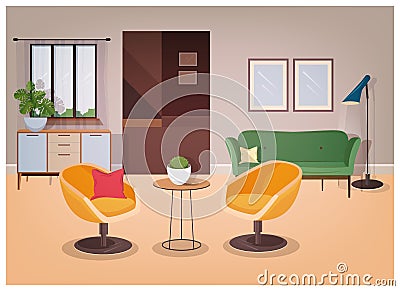 Modern interior of living room full of comfortable furniture and home decorations - comfy couch, armchairs, coffee table Vector Illustration