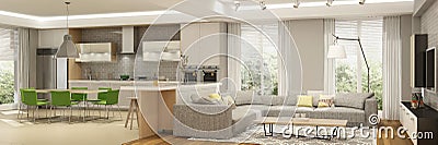 Modern interior of living room with the kitchen in a house or apartment in grey colors with green accents Stock Photo