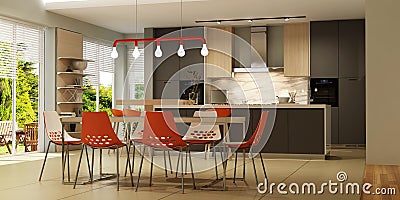 Modern interior of living room with kitchen in scandinavian style Stock Photo