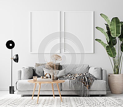 Modern Interior Living Room Poster Frame Mockup Stock Photo