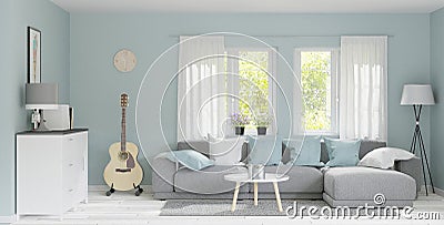 3d rendering wooden shelf, Minimal Japanese style.3d rendering modern big living room with wooden floor ,pastel green wall Stock Photo