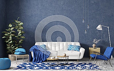 Modern interior of living room with white sofa, coffee tables, blue armchair against stucco wall 3d rendering Stock Photo