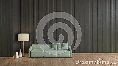 Modern interior living room wood floor black wall with green sofa template for mock up 3d rendering. minimal living room design Stock Photo