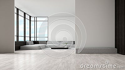 Modern interior living room wood floor sofa set sea view summer 3d rendering. waiting area empty wall Stock Photo