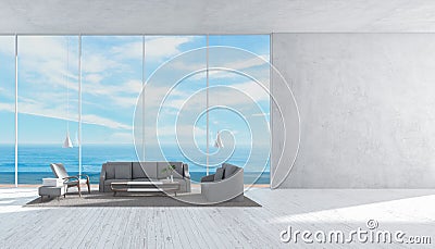 Modern interior living room wood floor sofa set sea view summer 3d rendering wall for mockup template Stock Photo