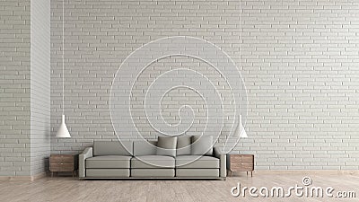 Modern interior living room wood floor white brick texture wall with gray sofa template for mock up 3d rendering. minimal living r Stock Photo