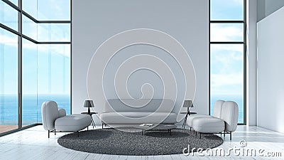 Modern interior living room wood floor white texture wall with gray sofa and chair window sea view summer template for mock up 3d Stock Photo