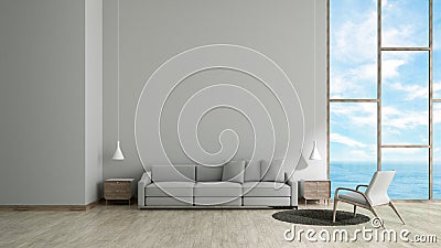 Modern interior living room wood floor white texture wall with gray sofa and chair window sea view summer template for mock up 3d Stock Photo