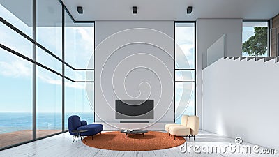 Modern interior living room wood floor white texture wall with navy blue color sofa and orange chair window sea view summer templa Stock Photo