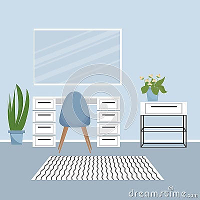 Modern interior with makeup, make up table, mirror. Room, saloon beauty place. Empty in flat style. Vector Illustration