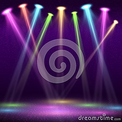 Modern interior of nightclub with empty show stage and color spot lights vector illustration Vector Illustration