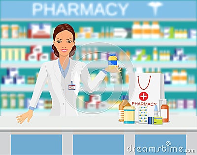 Modern interior pharmacy or drugstore. Vector Illustration