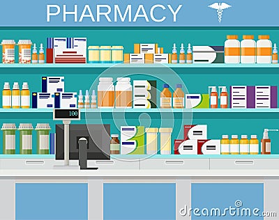 Modern interior pharmacy and drugstore. Vector Illustration