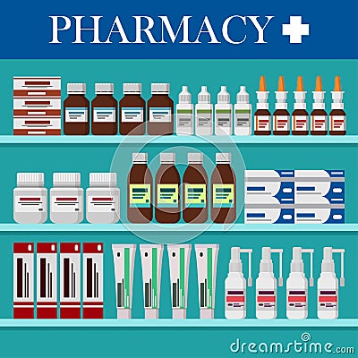 Modern interior pharmacy. Medicine pills, capsules, Vector Illustration