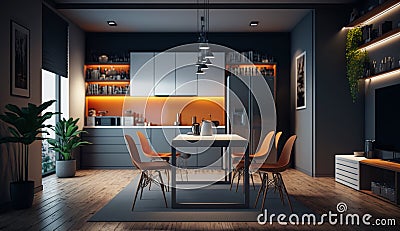 Modern interior room with furniture, TV room, Office room, Dining room, The kitchen. Generative AI Cartoon Illustration