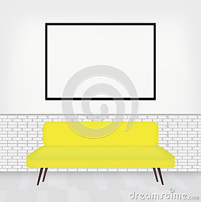 Modern interior of room with stylish sofa and big pictur frame for your design. White brick wall in cozy room. Vector Vector Illustration