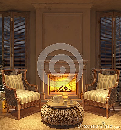Modern interior scandinavian farmhouse style. 3d rendering illustration living room with night lighting and fireplace Cartoon Illustration