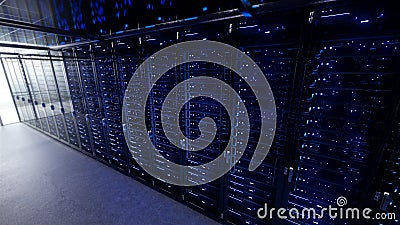 Modern interior server room data center. Connection and cyber network in dark servers. Backup, mining, hosting, mainframe, farm, Stock Photo