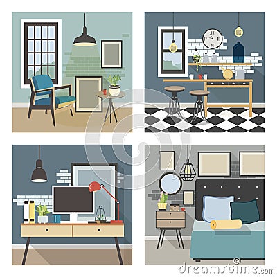 Modern interior set. Kitchen, bedroom, living room, workplace in loft style. Vector Illustration
