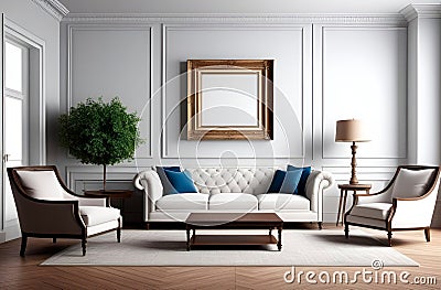 Modern interior with sofa with blue cushions, armchairs, table, floor lamp and indoor tree. On the wall hangs an empty Stock Photo
