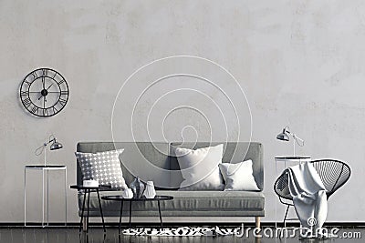 Modern interior with sofa. Wall mock up. Cartoon Illustration