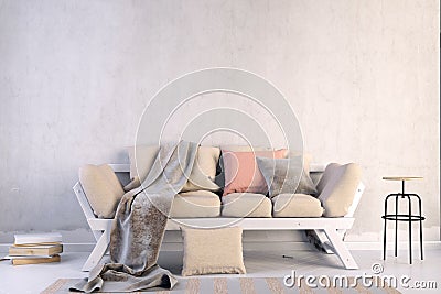 Modern interior with sofa. Wall mock up. Cartoon Illustration