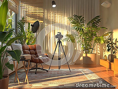 Modern interior space, camera on tripod aimed at armchair for video interview Stock Photo