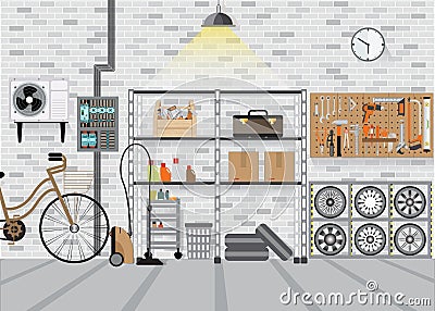 Modern interior storage room with metal shelf. Vector Illustration