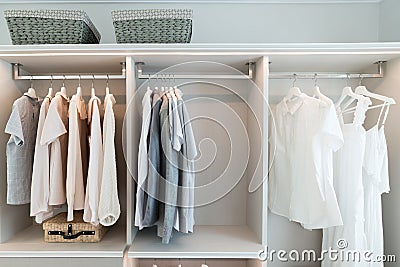 Modern interior wardrobe with shirt and dress in shelf. Stock Photo