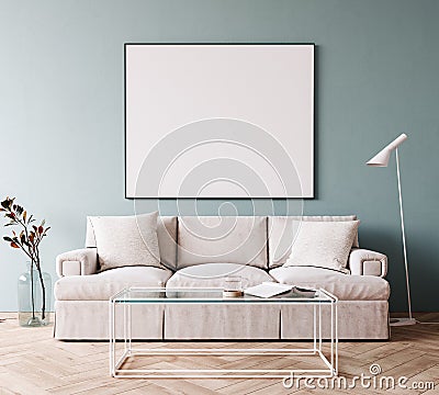 Modern interior with white sofa and empty white picture frame Stock Photo