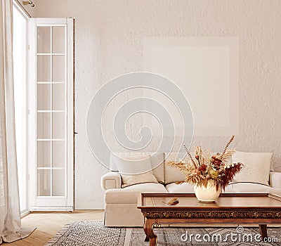 Modern interior with white sofa and empty white picture frame Stock Photo