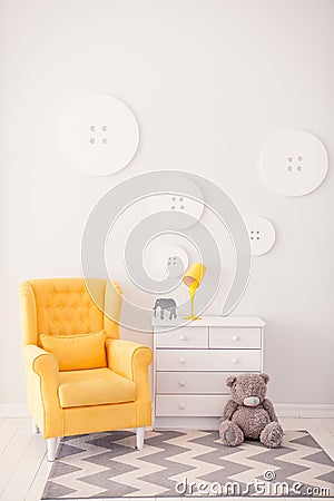Modern interior with white and yellow colors. Yellow soft armchair ear white bedside. Comfort chair. Armchair with Stock Photo