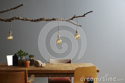 Modern interior wooden furniture and design lamp branch and bulbs Stock Photo