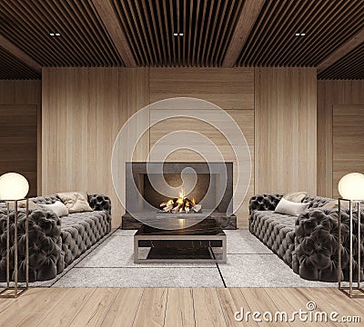 Modern interior with wooden wall ceiling and black stone fireplace Stock Photo