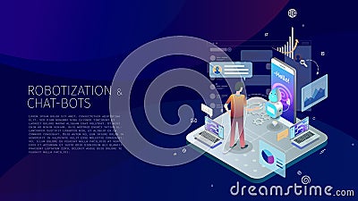Modern isometric design style conceptual composition Robotization and Chat-bots metaphor Stock Photo