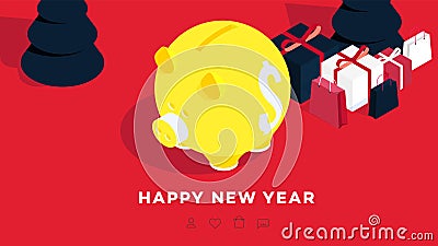 Modern Isometric Happy New Year Background. Yellow Piggy Bank On Red Background. Conceptual Coin Box For 2019 Designs Vector Illustration