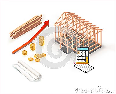 Modern isometric house construction with stacks of gold coins in property investment. Building construction budget growth design. Stock Photo