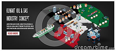 Modern isometric of Kuwait oil and gas industry concept with Offshore crude extraction, transportation, refinery plant, fuel tank Vector Illustration