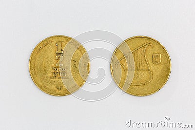 Modern Israeli coin half sheqel on the white background Stock Photo