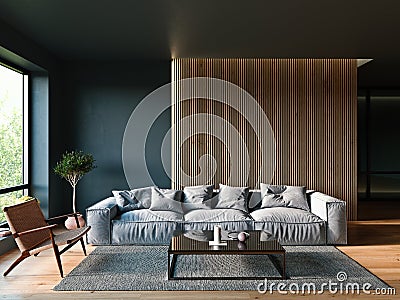 Modern Italian interior design living room with dark walls and vertical slats panel, 3D Render Stock Photo
