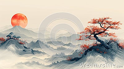 Modern Japanese background with line wave patterns. Abstract art template with curve patterns. Asian-inspired mountain Stock Photo